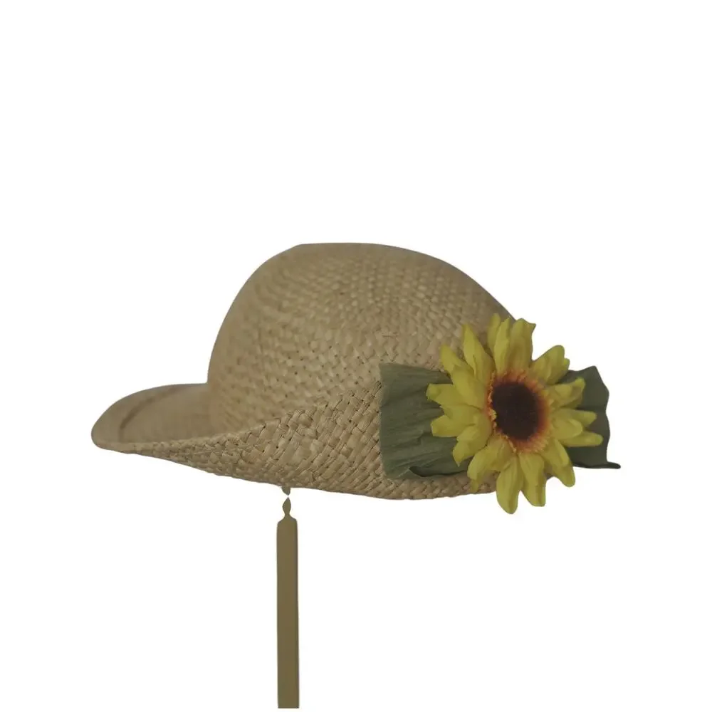 Vintage Woven Straw Sun Hat Sunflower Floral Accent Cottagecore Garden Beach Cap